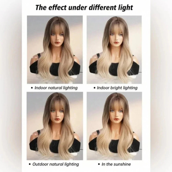 26 Inch Balayage Blonde and Brown hair wavy Wig with bangs daily wear - Picture 2 of 10